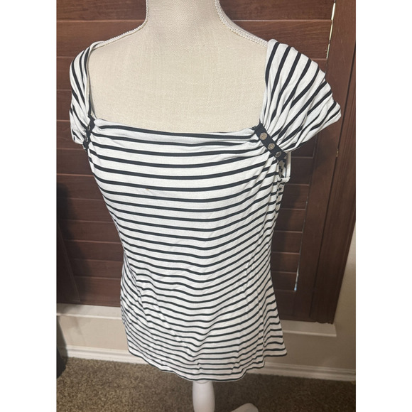 White House Black Market Striped Top Knit short sleeve shirt Parisian style sz M - Picture 2 of 8